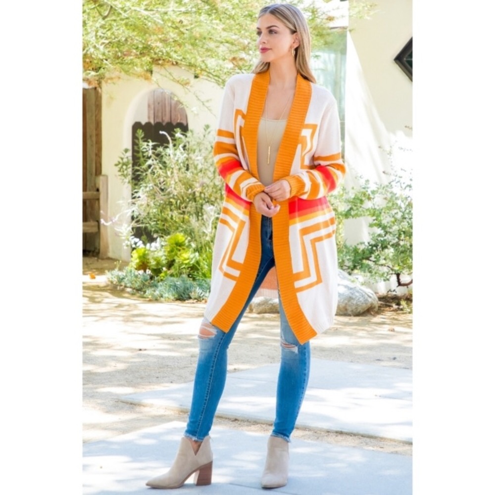 Cardigan open tribal pattern in cream, orange, gold | Size S —#040 - Picture 6 of 12